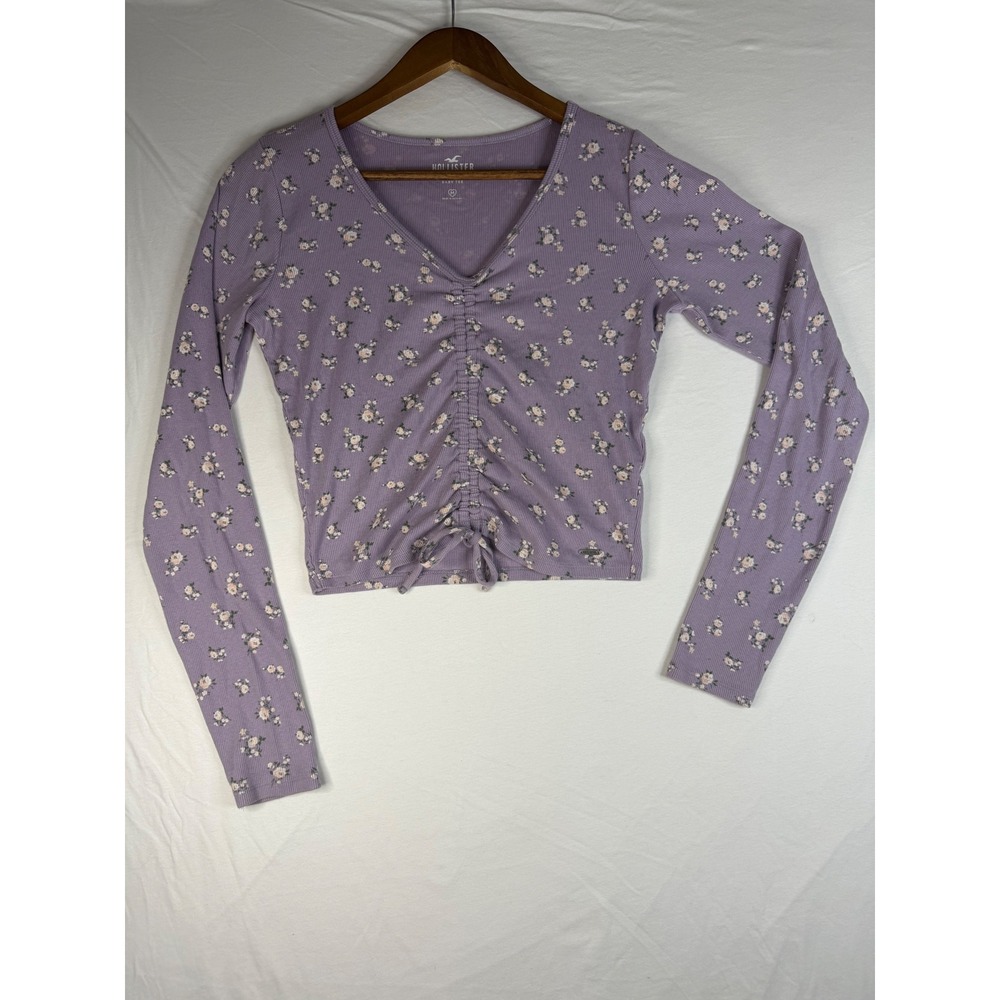 Hollister Baby Tee Womens M Purple Excellent Floral Cinched V-Neck Ribbed